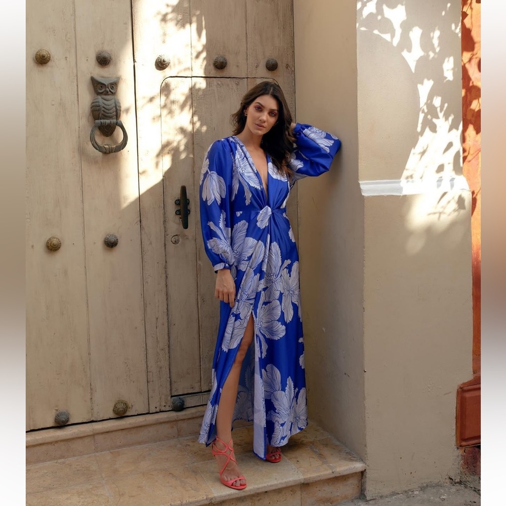 100% SILK Blue Floral Maxi Dress